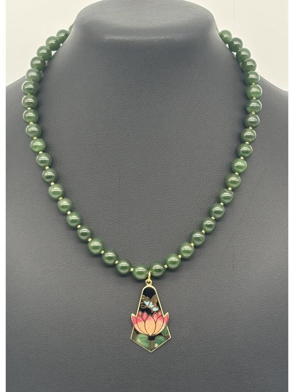 Artisan-Made Beaded Jade Collar Choker Necklace With Lotus Cloisonne Pendant 15"